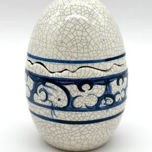 Dedham Pottery Potting Shed Cracked Egg Rabbit Covered Box Blue and White VTG